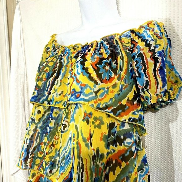 Colorful Off Shoulder Short Sleeve Ruffled Top - Picture 3 of 6